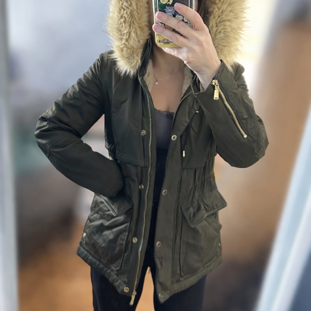 Zara Olive Utility Jacket with Faux Fur Hood